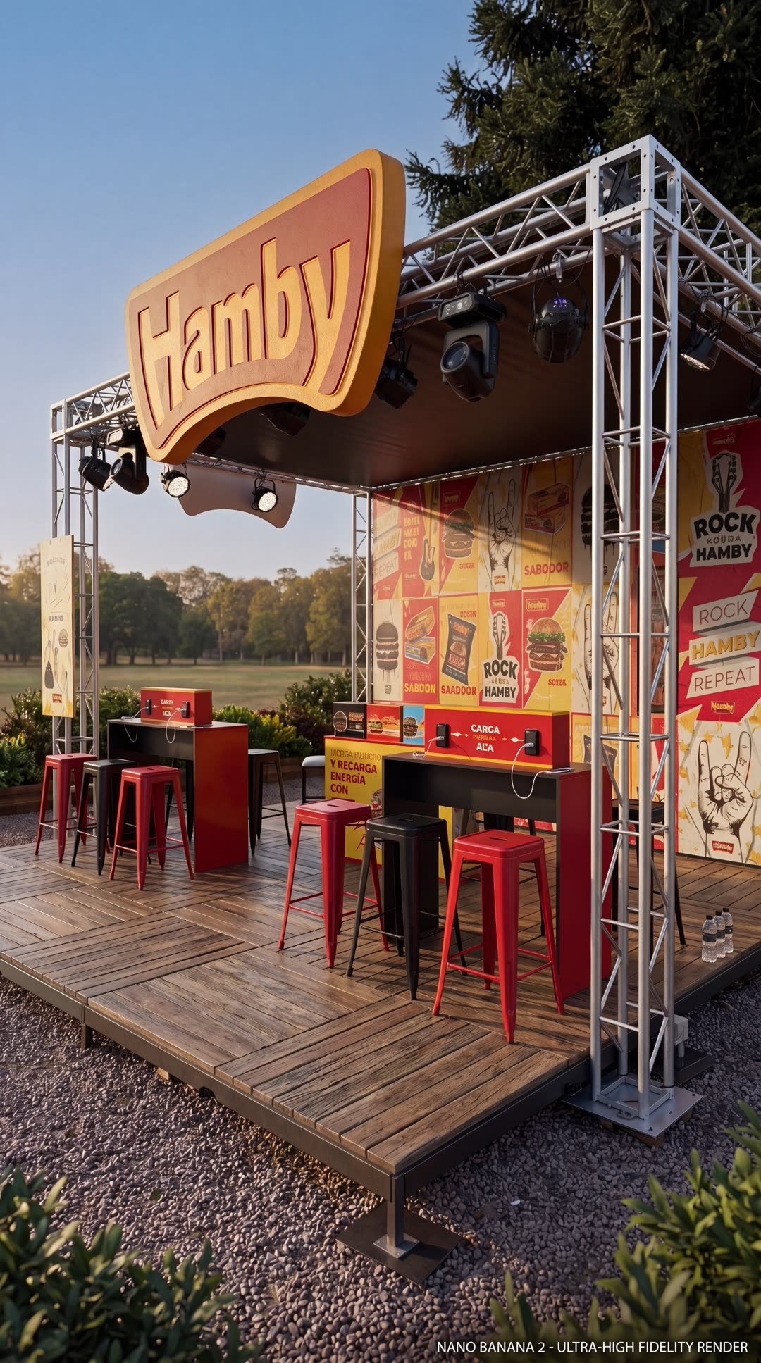 Stand Hamby — render 3D con IA